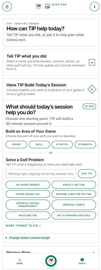 TIP session builder for developing a golf skill or solving a golf problem