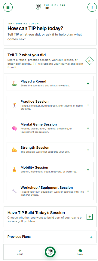 TIP screen for recording rounds, practice, fitness and equipment work